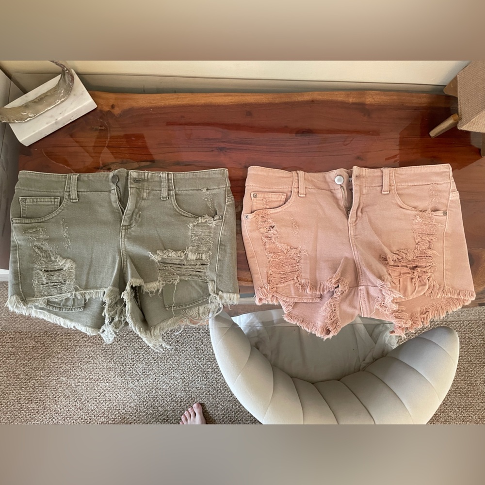 Guess Distressed Jean Shorts in Olive and Blush